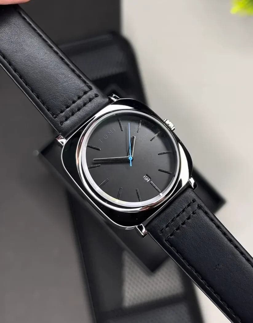 TOMI Original Menβs Black Leather Watch | Analog Date Display | Premium Stainless Steel